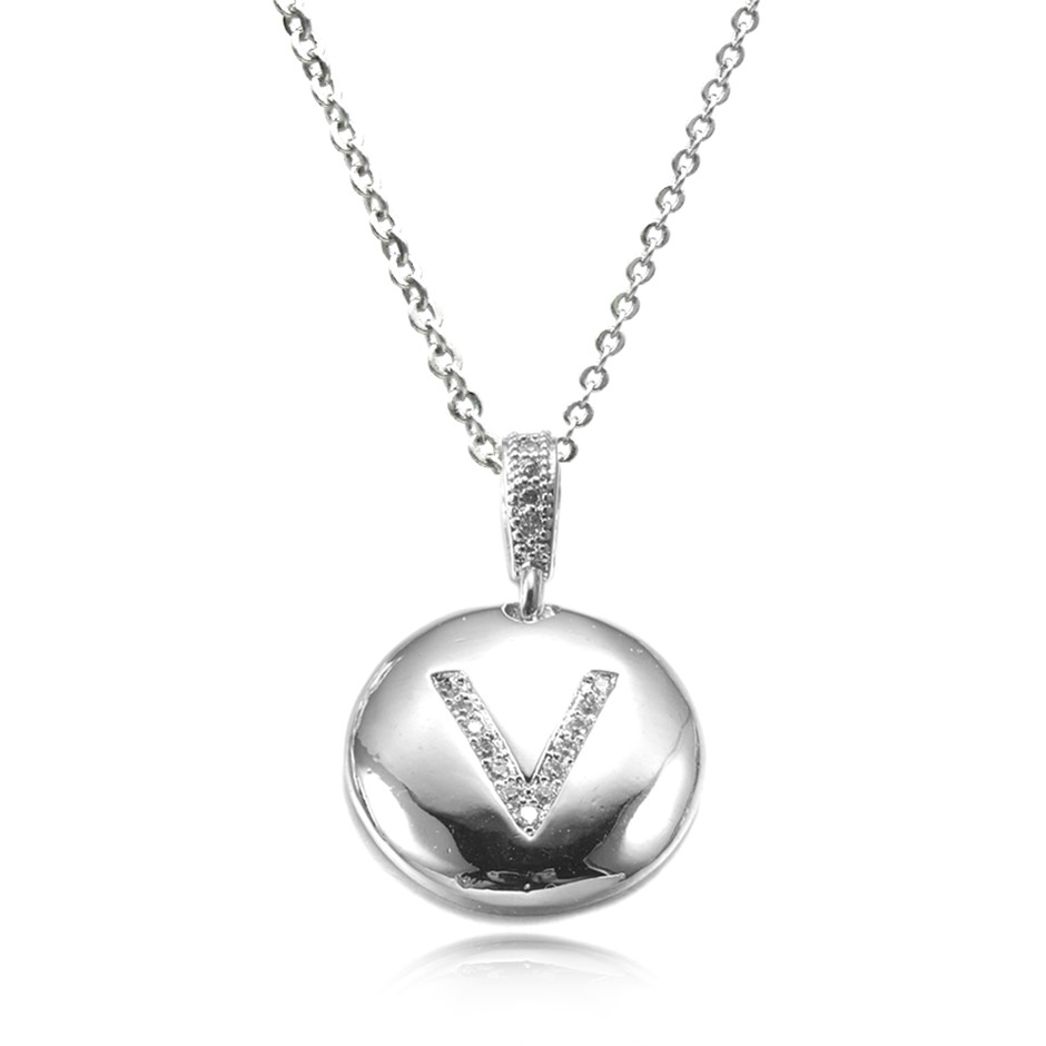 Letter 'V' Platinum Plated with CZ Pendant Necklace
