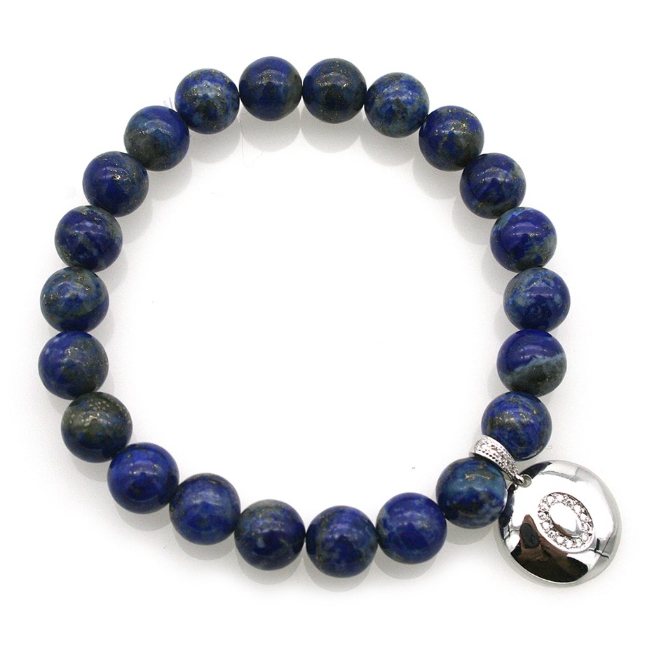 Round Lapis Lazuli & Letter 'O' Platinum Plated with CZ  Bracelet