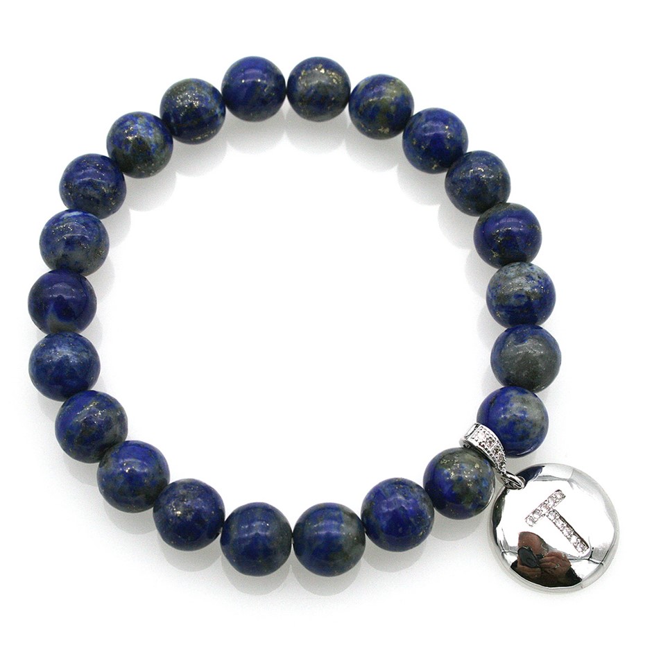Round Lapis Lazuli & Letter 'T' Platinum Plated with CZ Bracelet