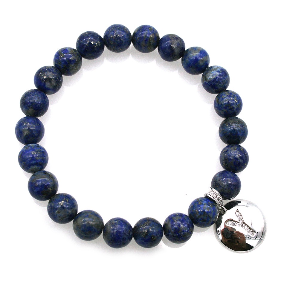 Round Lapis Lazuli & Letter Platinum 'Y' Plated with CZ Bracelet