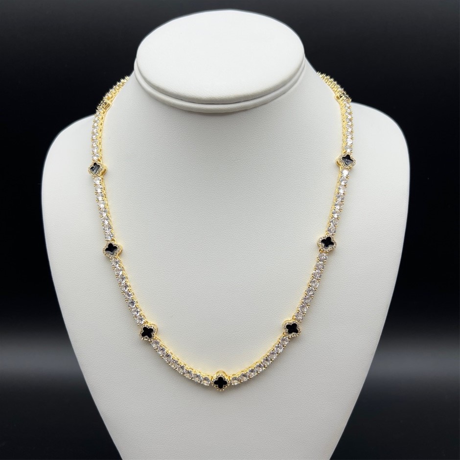 Gold-Filled Tennis Necklace Four-Leaf Clover & Simulated Diamonds - 55.8cm