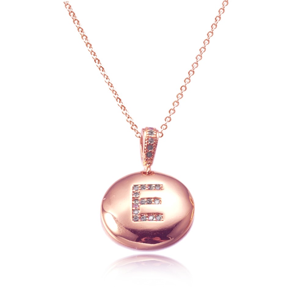 Initial Letter 'E' Charm Rose Gold Plated Pendant Necklace & Cubic Zirconia