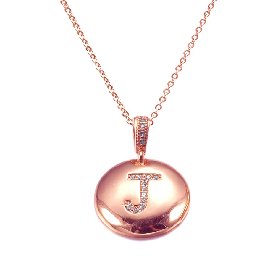 Initial Letter 'J' Charm Rose Gold Plated Pendant Necklace & Cubic Zirconia