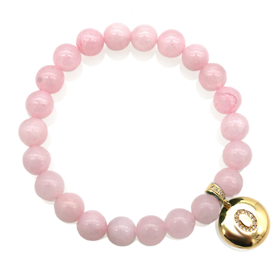 Round Rose Quartz & Letter 'O' Gold Plated with CZ Bracelet
