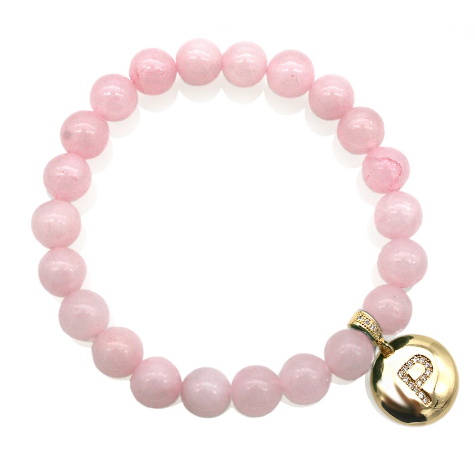 Round Rose Quartz & Letter 'P' Gold Plated with CZ  Bracelet