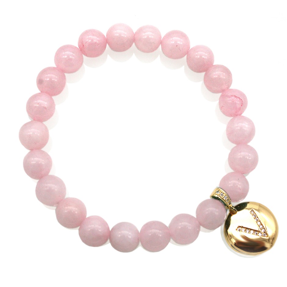 Round Rose Quartz & Letter 'V' Gold Plated with CZ Bracelet