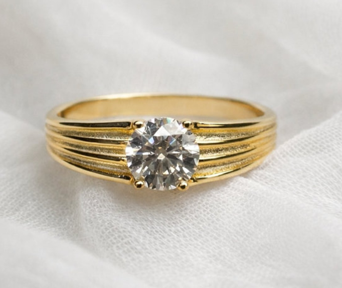 0.5ct Round Cut Moissanite Chunky Ring 18K Gold on Solid Sterling Silver