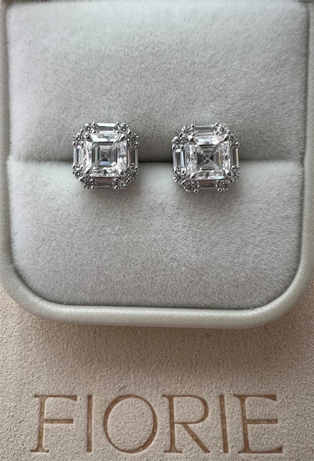 2ct Pair Moissanite Asscher Cut Stud Earring 18K Gold on Sterling Silver