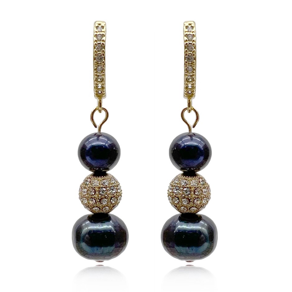 Black Freshwater Pearl CZ Gold Plated Huggie Hoop Earrings