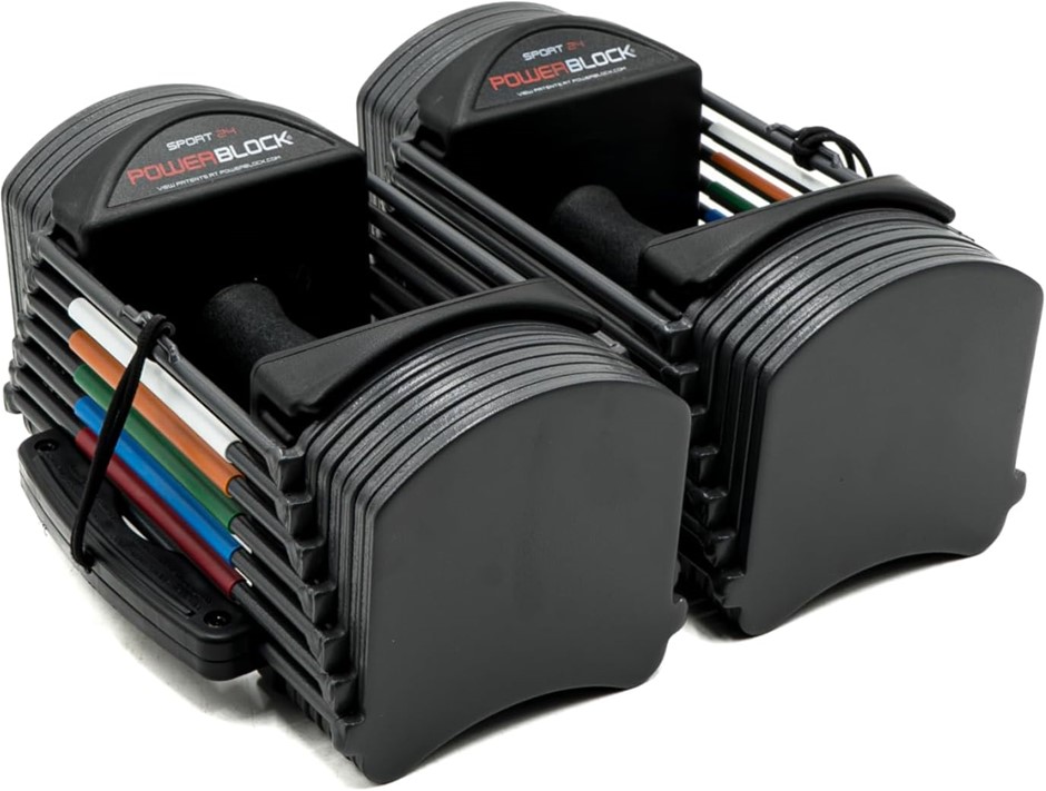 POWERBLOCK Adjustable Dumbbells, max. weight 24lbs/ 10.88kg per hand.