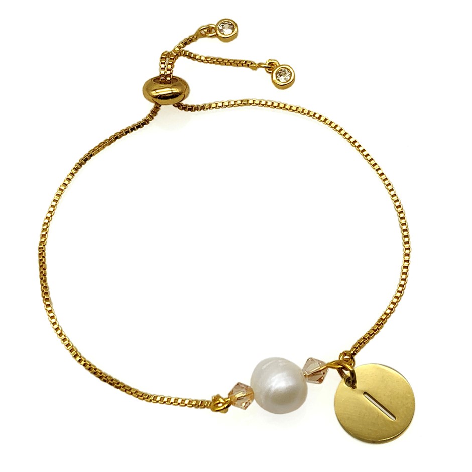 8-9mm Pearl & Swarovski Crystal & Initial Letter 'I' Charm Bracelet