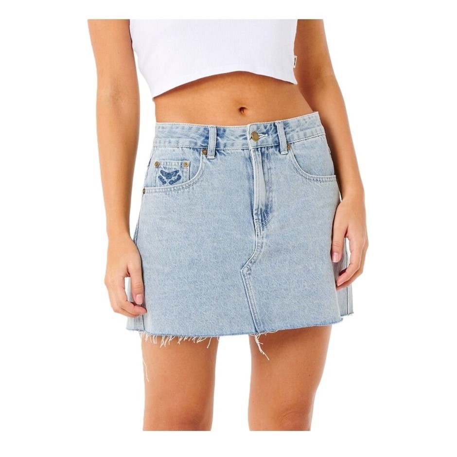 RIP CURL Women's Tabby Denim Mini Skirt, Size XS, Vintage Blue. RRP: $89.99
