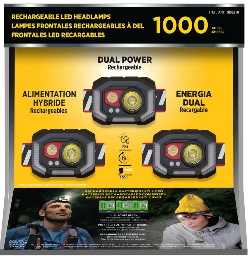 INFINITY X1 Rechargeable Headlamp 1000 Lumen, 3 Pack. NB: Minor use, not in