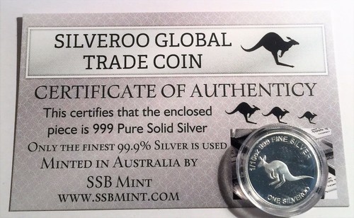 SILVEROO, Kangaroo Global Trade Coin 1/10th Oz 999 Solid Silver C.O.A.