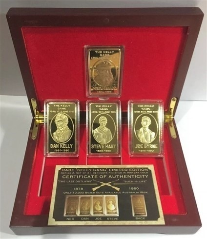 NED KELLY & Set Of 4 x 1oz Ingots With D/Box Finished in 999 Gold Plated
