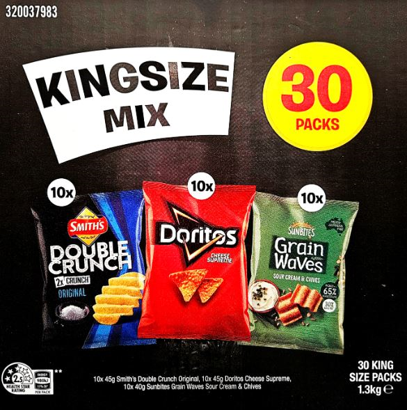 61 x Assorted Single Serve Chips, Incl: 35 x KING SIZE Variety, 42g & 26 x