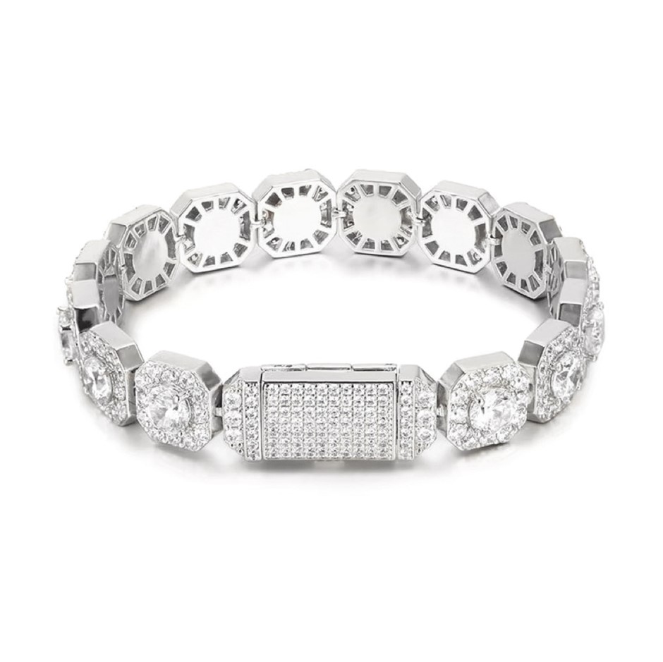 18K White Gold -Filled Clustered Chain Bracelet Simulated Diamonds - 22.8cm