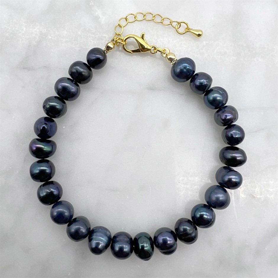 7-8mm Grade AB Black Mix Shape Pearl with 18k Real Gold Plated Bracelet