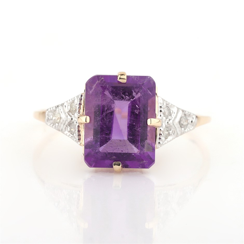 Yellow Gold Natural Amethyst & Diamond Ring with valuation