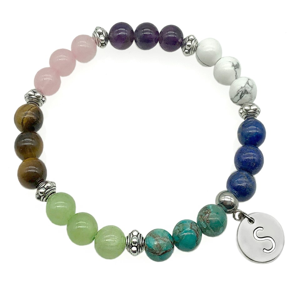 8mm Multi & Antique Silver Spacer Bead Letter 'S'  Bracelet.