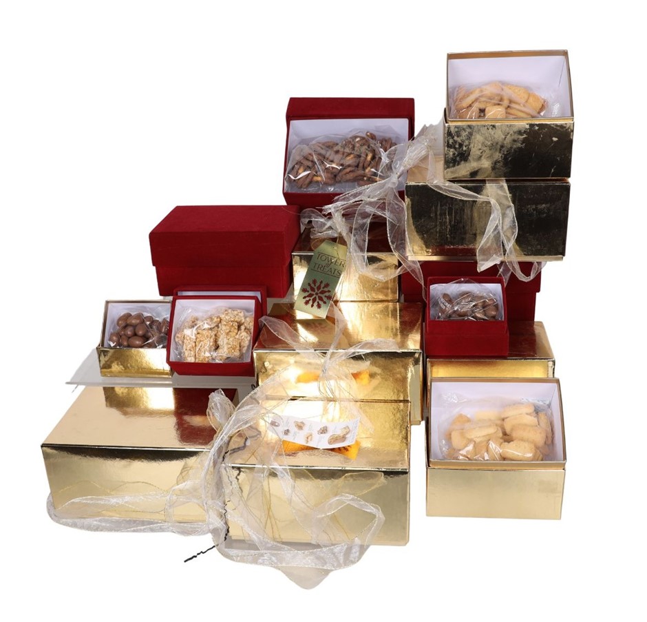 Assorted TOWER OF TREATS Biscuit Gift Boxes.