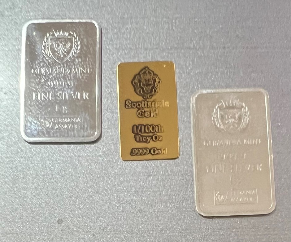 1/100-Ounce Scottdale gold bar and 1g silver germania bar x 2