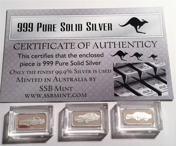 3 x 1g 999 Silver Muscle Car Series Bullion Ingots with C.O.A. 3 G
