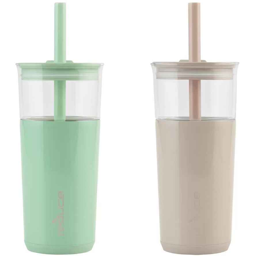 2 x REDUCE 2pk Aspen Glass Tumblers w/ Straws, 590ml, Green & Beige.