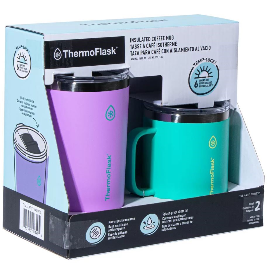 THERMOFLASK Insulated Coffee Mugs, 2-Piece Set, Violet & Green.