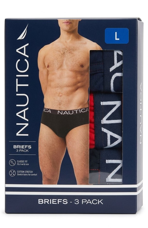 NAUTICA Men's 3 Pack Cotton Stretch Briefs, Size L, 95% Cotton, Assorted.