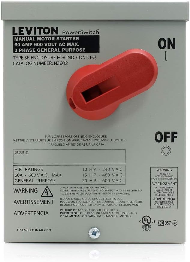LEVITON N3602 60 Amp 600 Volt Toggle in Type 3R Enclosure Double-Pole AC Mo