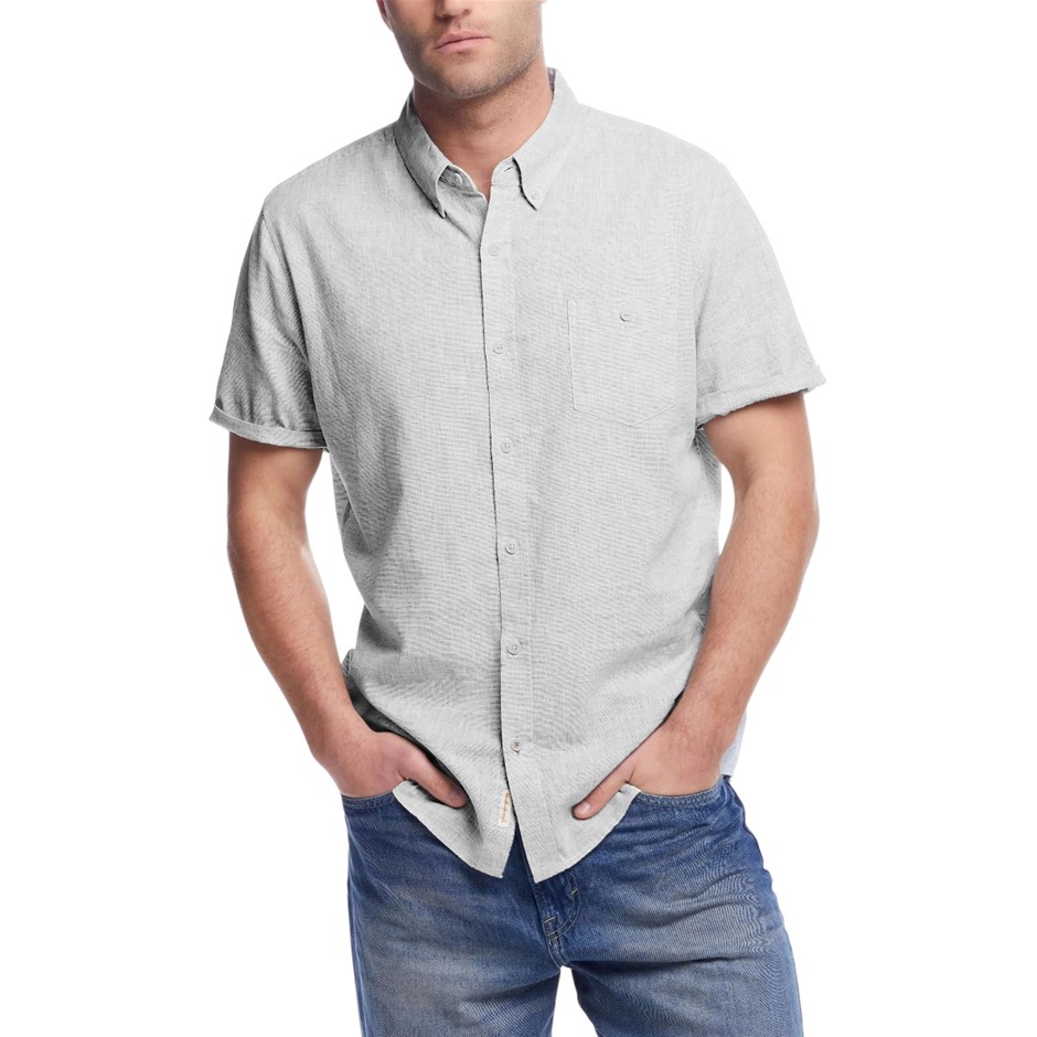 WEATHERPROOF Men's Linen S/S Shirt, Size M, 55%Linen/45%Cotton, Grey. Buye