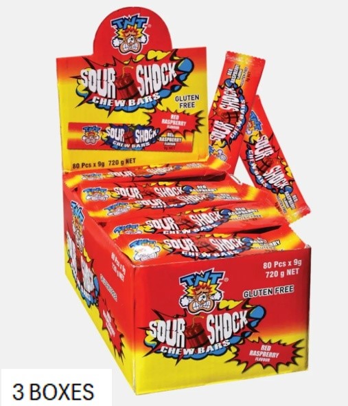 TNT Sour Shock Bar Red Raspberry Chew Bars Gluten Free (9g x 80pcs x 3 Boxe