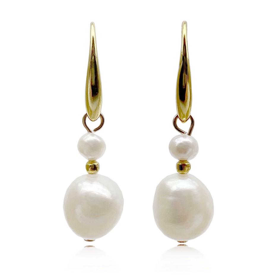 Flat Edge Baroque & Freshwater Pearl Gold Plated Drop Earrings