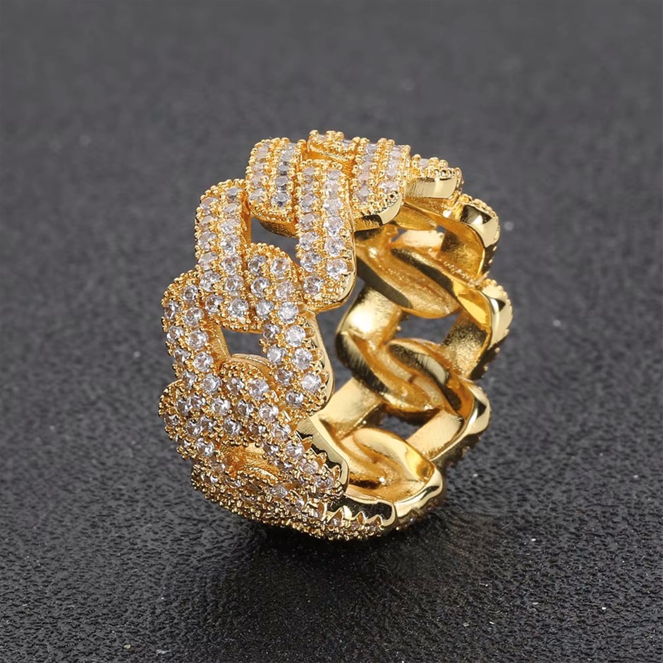 18K Gold-Filled Cuban Iced Out Ring with Simulated Diamonds - Size 7