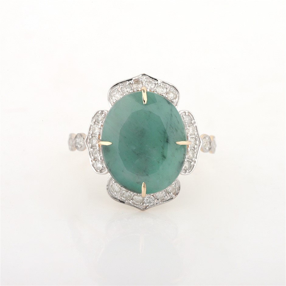 Yellow Gold 4.30 ct Natural Emerald & 0.30 ct Diamond Ring  with Valuation