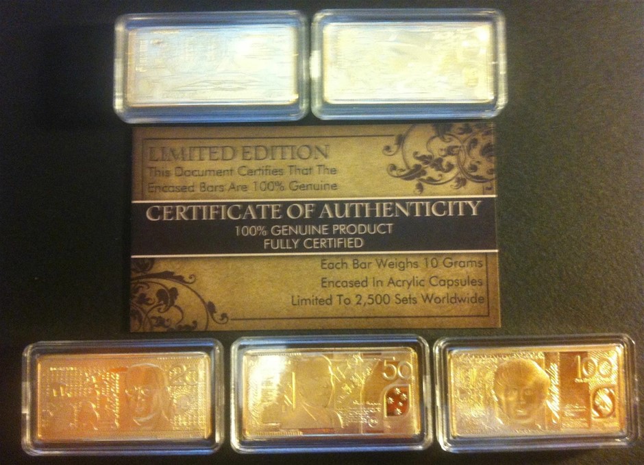 5 x 10g AUSTRALIAN NEW NOTE SERIES Ingots in 999.0 Gold