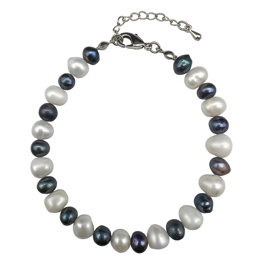6-7mm Black & White Potato Shape Pearl with Platinum Plated Bracelet