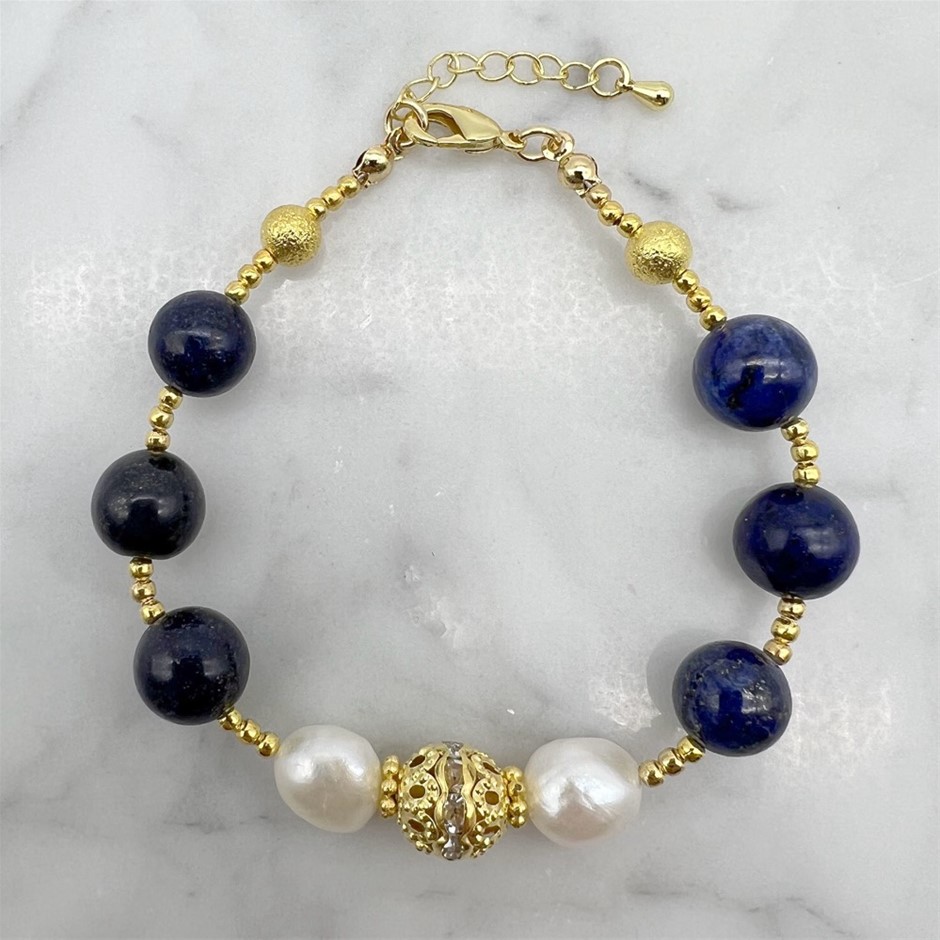 Flat Edge Baroque, Lapis Lazuli & Rhinestone 18k Gold Plated Bracelet