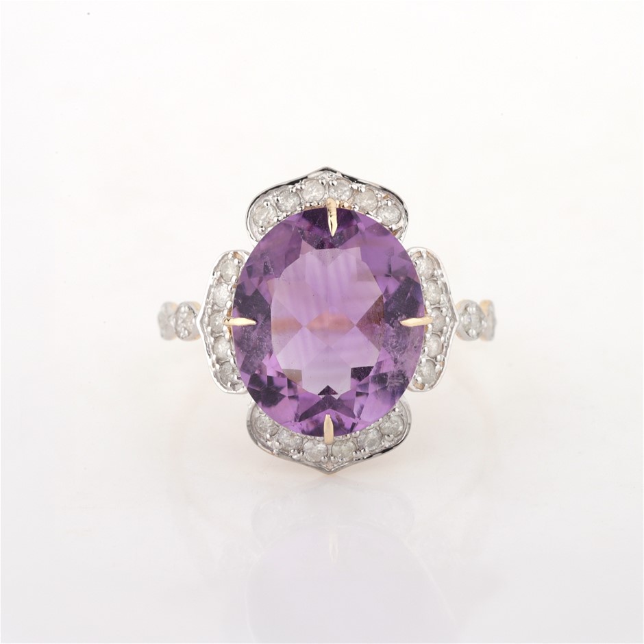 Yellow Gold Natural Amethyst & 0.30ct Diamond Ring with Valuation