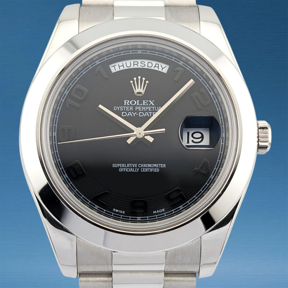 Rolex 218206 Day-Date II Platinum Black Out 41mm 2011 BxP & COA