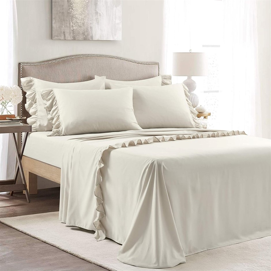 LUSH DECOR Reyna 6 Piece Ruffle Sheet Set, King, Wheat. Buyers Note - Disc