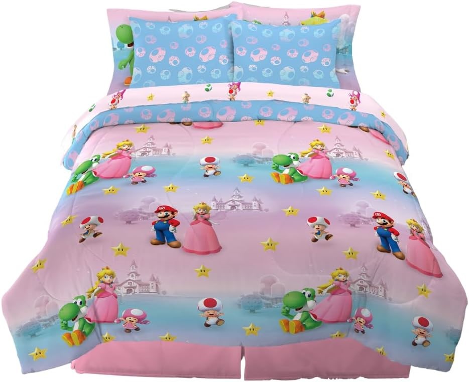 FRANCO Super Mario Girl Princess Peach, Super Soft Comforter and Sheet Set