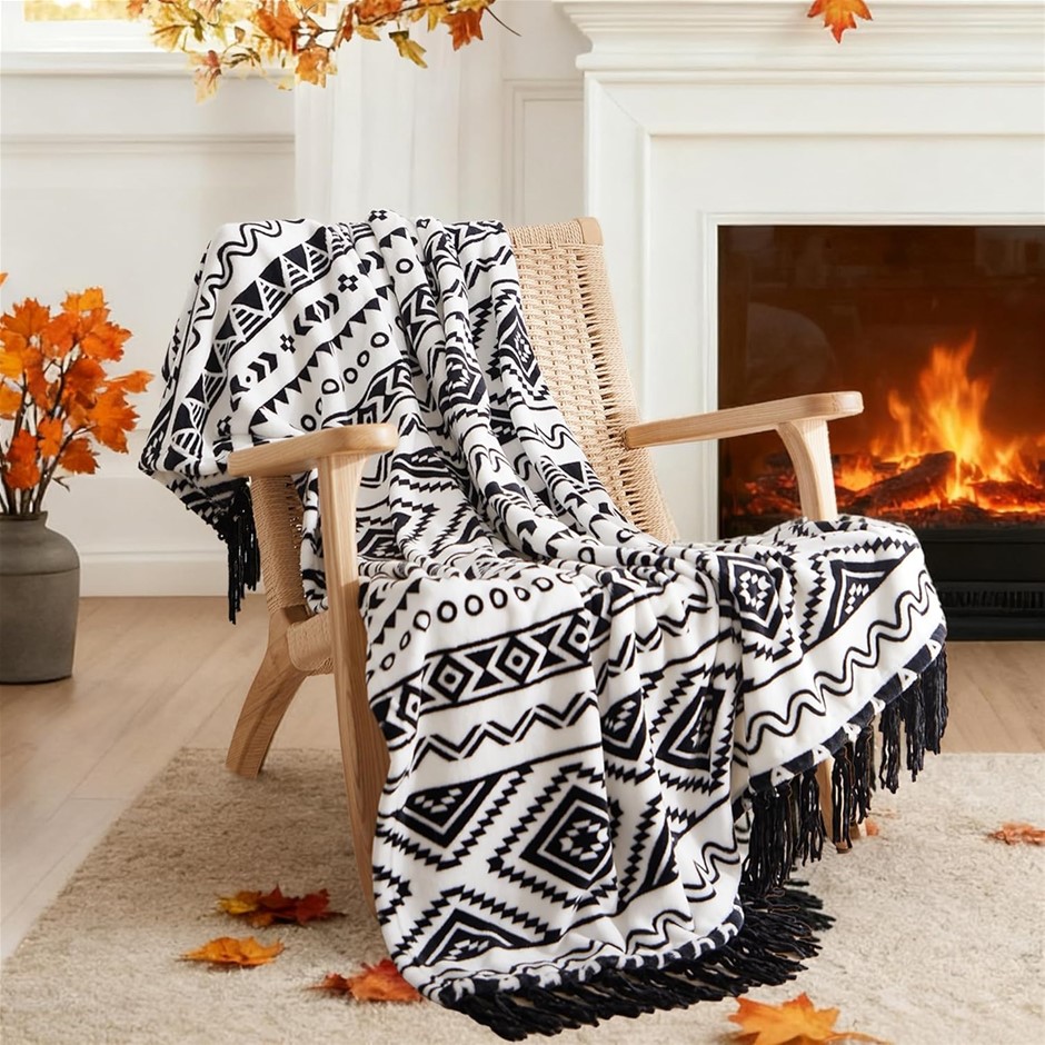 CASAAGUSTO Boho Throw Blanket with Tassel, Printed Flannel, 50" x 60", Blac