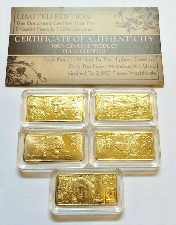 Certified Set of 5 x 5 gram "Polymer Note Series" in 999 24 k Gold