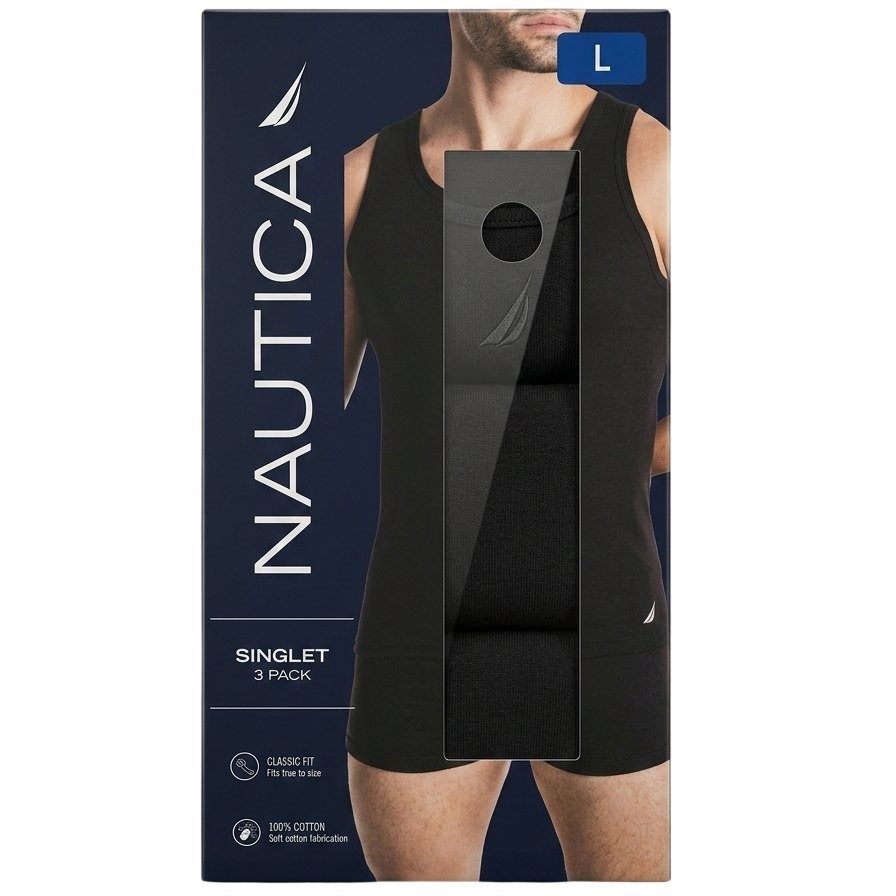 NAUTICA 3 Pack Singlet Classic Fit, 100% Cotton, Black, Size L