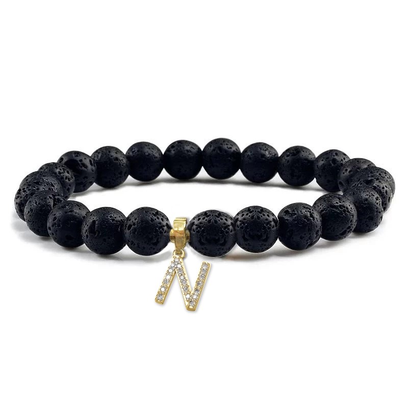 Designer Unisex Black Volcanic Lava Rock Beaded Crystal Initial"N" Bracelet