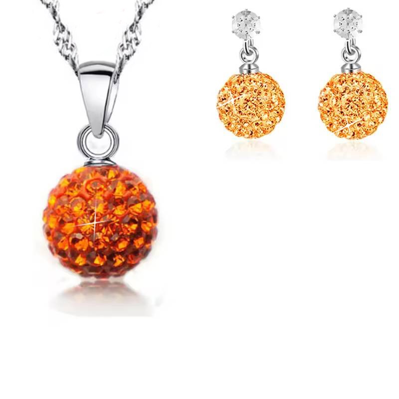 925 Sterling Silver Orange Crystal Disco Ball Earring & Necklace Set