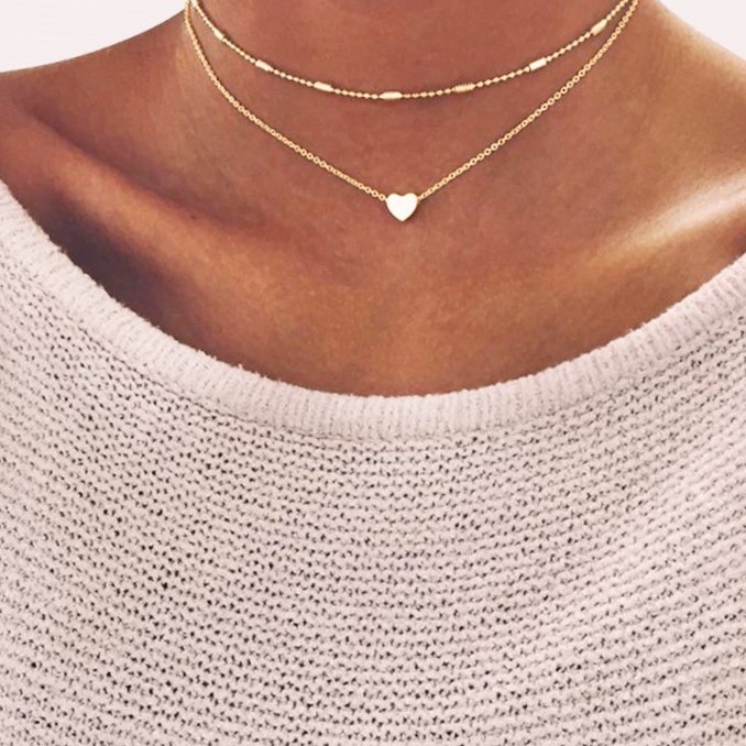 Cute Heart & Ball Chain Double Choker Necklace - Yellow (adjustable)