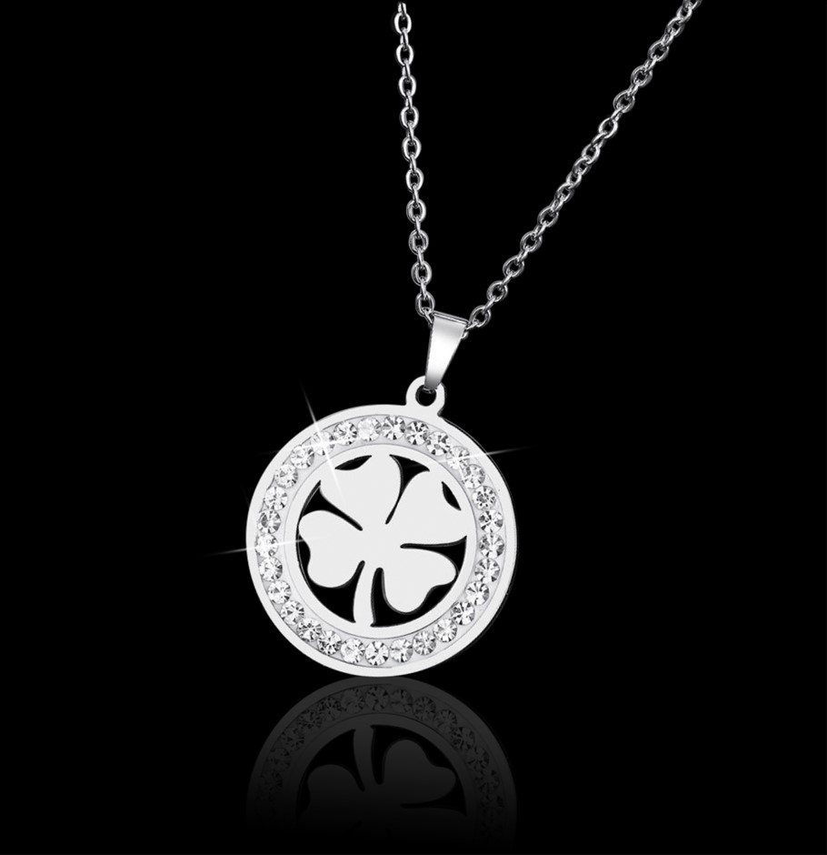 Stainless Steel Clover Necklace with Simulated Diamonds